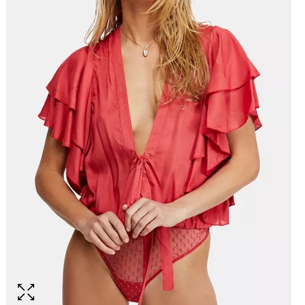 FREE PEOPLE - Call Me Later Pink Ruffle Sleeve Thong Bodysuit